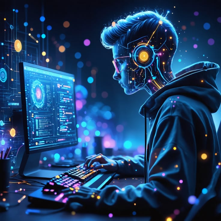 Developer building digital systems at a glowing workstation